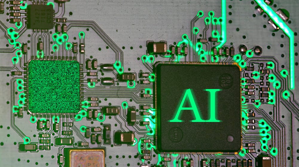 Glowing AI chip on a circuit board, the hardware behind modern coding assistants