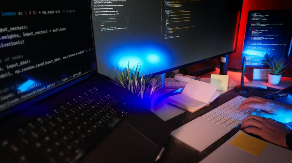 Programmer at a desk with several glowing monitors working through a Next.js App Router build
