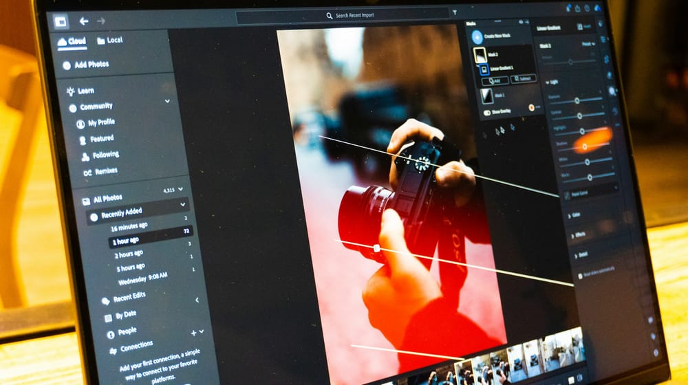 Photo-editing software open on a laptop, preparing hero images for a fast Next.js site