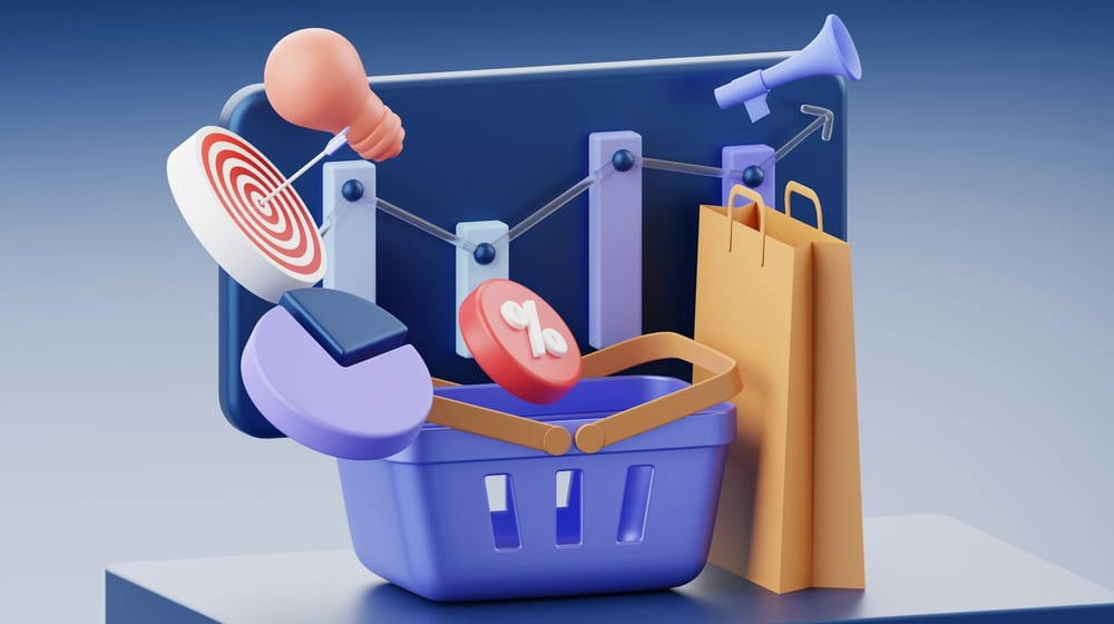 3D illustration of a shopping basket, bag and chart icons representing ecommerce growth choices